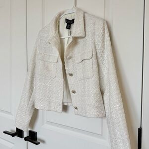 Rachel Zoe Cream Tweed Collared Jacket with Gold Buttons & Front Pockets
